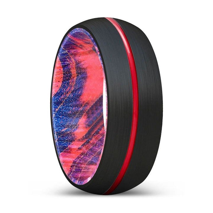 JAX | Blue & Red Wood, Black Tungsten Ring, Red Groove, Domed - Rings - Aydins Jewelry - 1