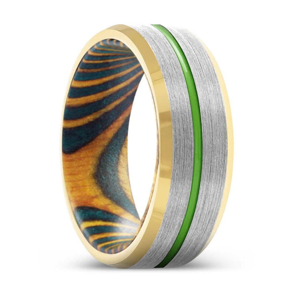 JAYBIRD | Green and Yellow Wood, Silver Tungsten Ring, Green Groove, Gold Beveled Edge