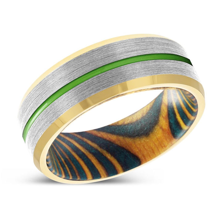 JAYBIRD | Green and Yellow Wood, Silver Tungsten Ring, Green Groove, Gold Beveled Edge - Rings - Aydins Jewelry - 2