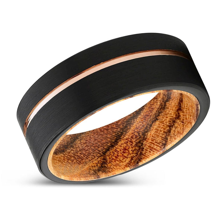 JESTER | Bocote Wood, Black Tungsten Ring, Rose Gold Offset Groove, Brushed, Flat - Rings - Aydins Jewelry - 2