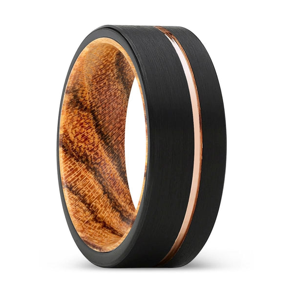 JESTER | Bocote Wood, Black Tungsten Ring, Rose Gold Offset Groove, Brushed, Flat - Rings - Aydins Jewelry - 1