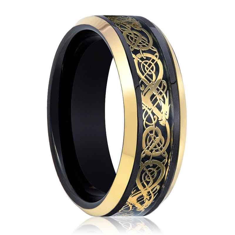 JETEK | Black Tungsten Ring, Gold Celtic Cut-Out Design, Gold Beveled