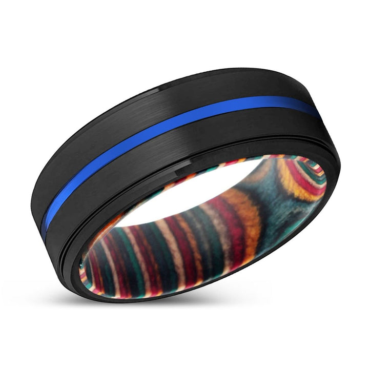 JIMMY | Multi Color Wood, Black Tungsten Ring, Blue Groove, Stepped Edge - Rings - Aydins Jewelry - 2