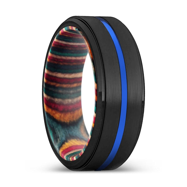 JIMMY | Multi Color Wood, Black Tungsten Ring, Blue Groove, Stepped Edge - Rings - Aydins Jewelry - 1