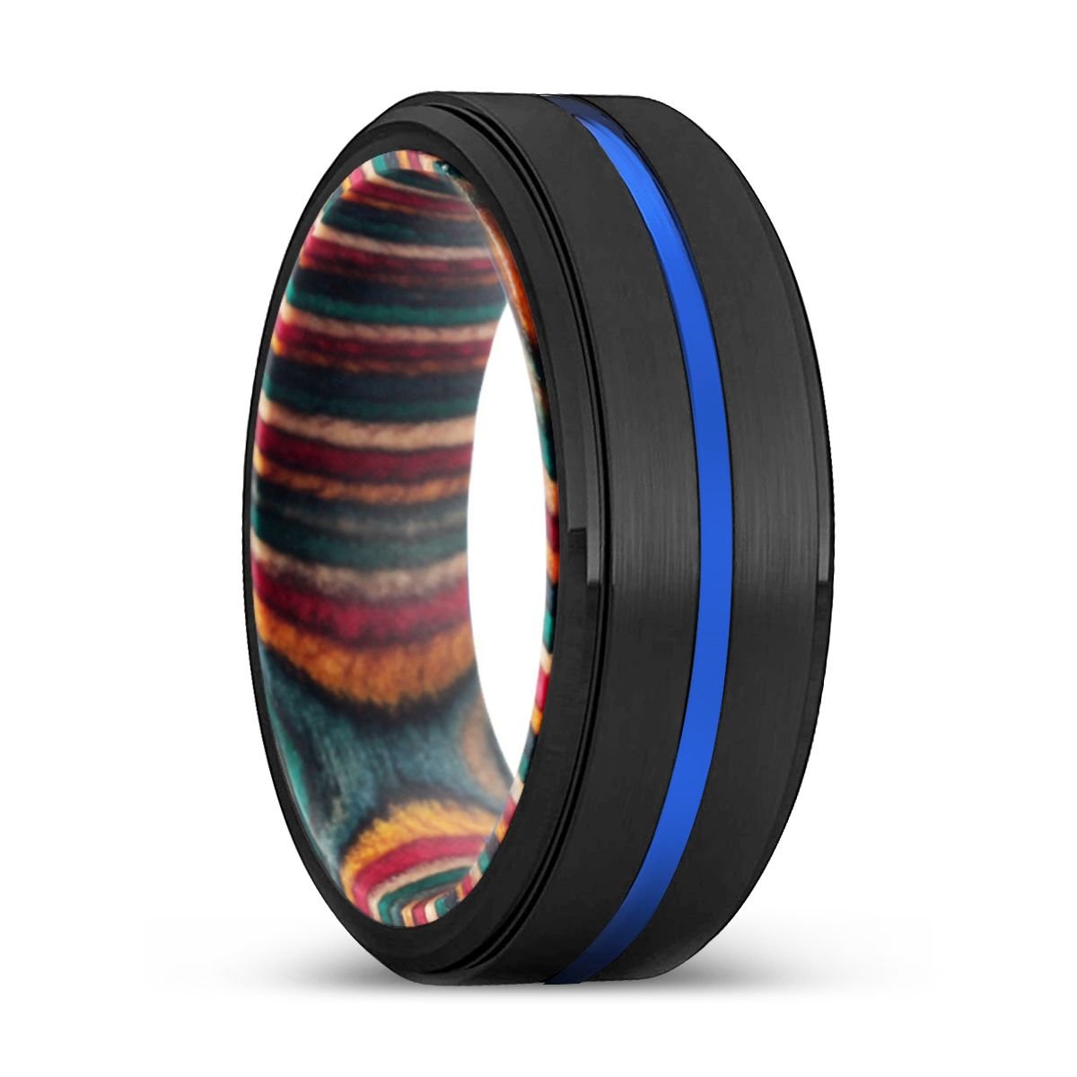 JIMMY | Multi Color Wood, Black Tungsten Ring, Blue Groove, Stepped Edge - Rings - Aydins Jewelry - 1