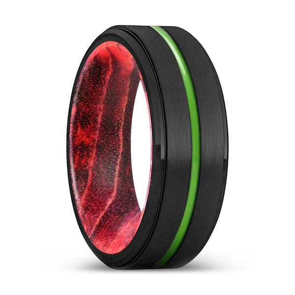 JOLIET | Black & Red Wood, Black Tungsten Ring, Green Groove, Stepped Edge - Rings - Aydins Jewelry - 1