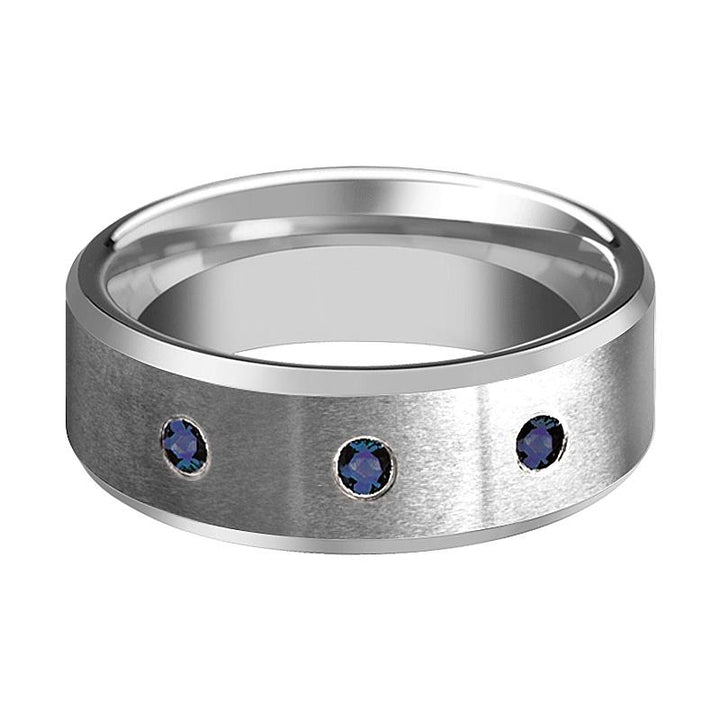 JOSIAH | Satin Tungsten Ring 3 Blue Sapphires - Rings - Aydins Jewelry