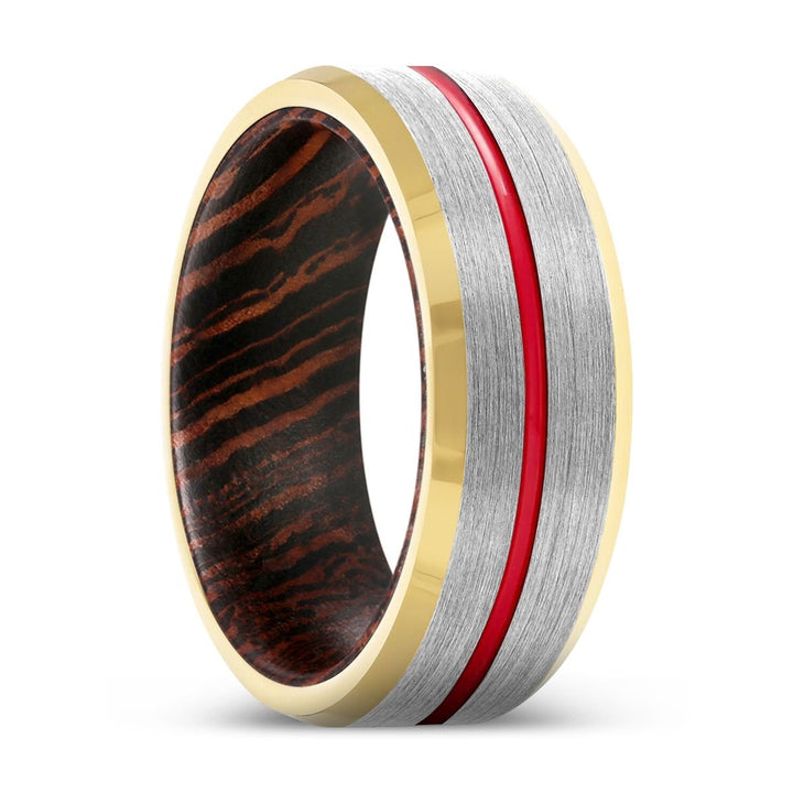 JUKE | Wenge Wood, Silver Tungsten Ring, Red Groove, Gold Beveled Edge - Rings - Aydins Jewelry - 1
