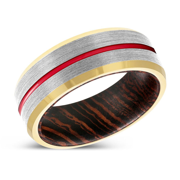 JUKE | Wenge Wood, Silver Tungsten Ring, Red Groove, Gold Beveled Edge - Rings - Aydins Jewelry - 2