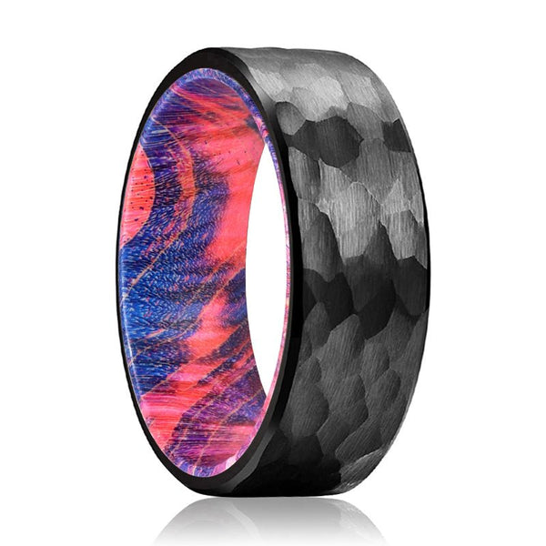 JUMBLE | Blue and Red Wood, Black Tungsten Ring, Hammered, Flat - Rings - Aydins Jewelry - 1