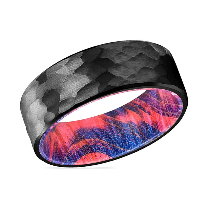 JUMBLE | Blue and Red Wood, Black Tungsten Ring, Hammered, Flat - Rings - Aydins Jewelry