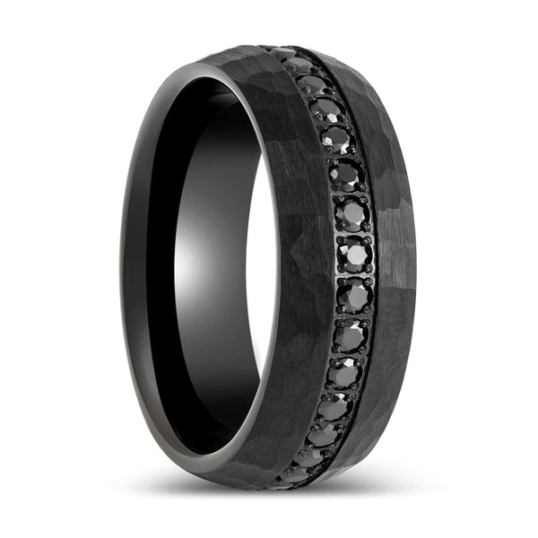 JUNCOS | Black Hammered Ring with Round Cut Black CZ - Rings - Aydins Jewelry - 1