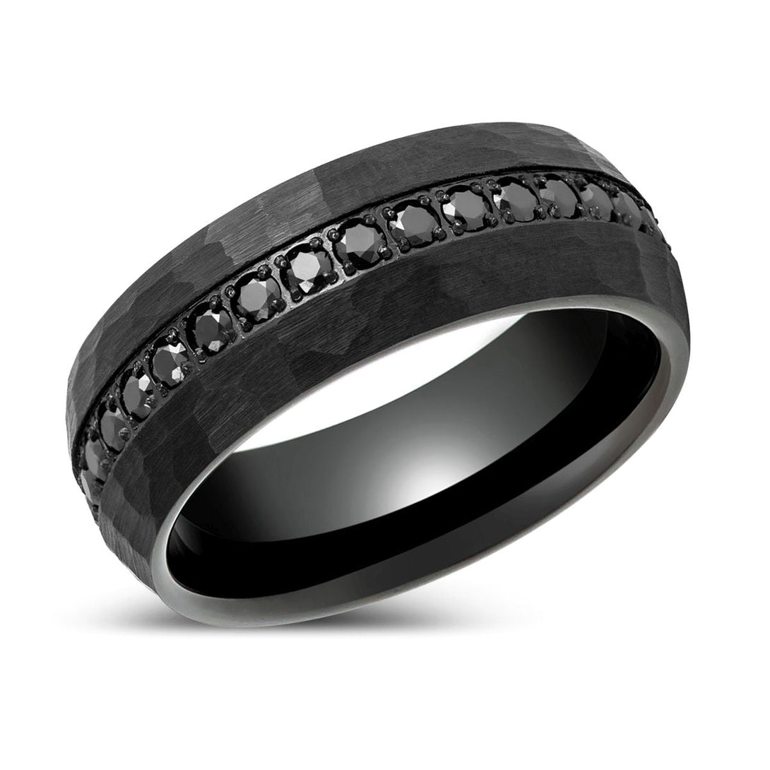 JUNCOS | Black Hammered Ring with Round Cut Black CZ - Rings - Aydins Jewelry - 2