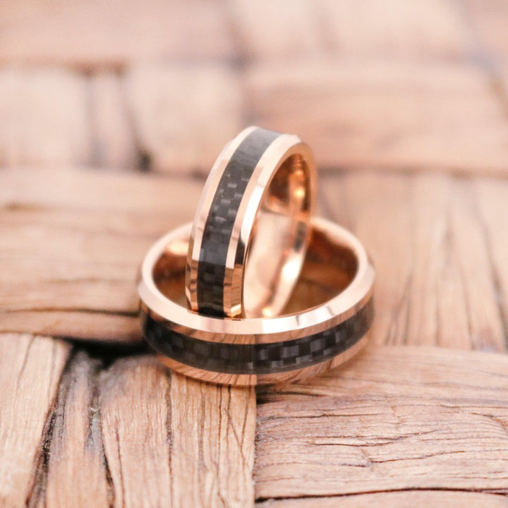 KAHLO | Rose Gold Tungsten Ring, Black Carbon Fiber Inlay, Beveled - Rings - Aydins Jewelry - 4