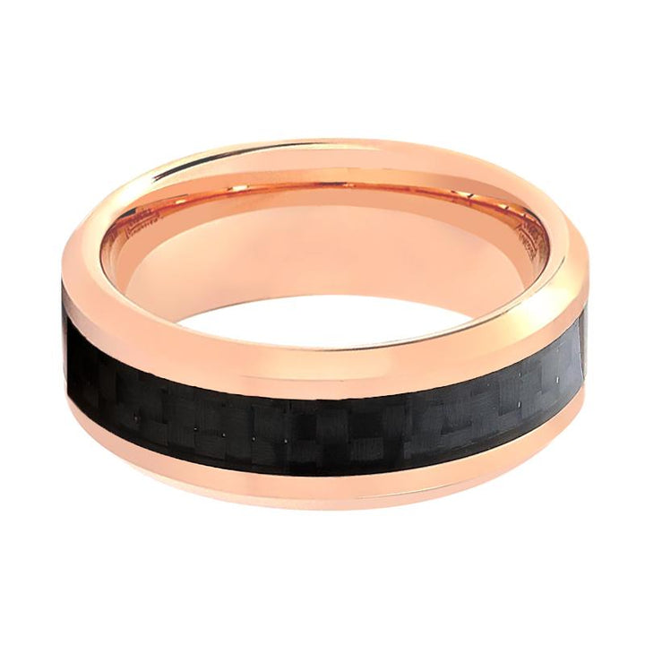 KAHLO | Rose Gold Tungsten Ring, Black Carbon Fiber Inlay, Beveled - Rings - Aydins Jewelry - 2