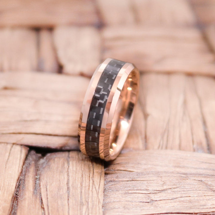 KAHLO | Rose Gold Tungsten Ring, Black Carbon Fiber Inlay, Beveled - Rings - Aydins Jewelry - 3