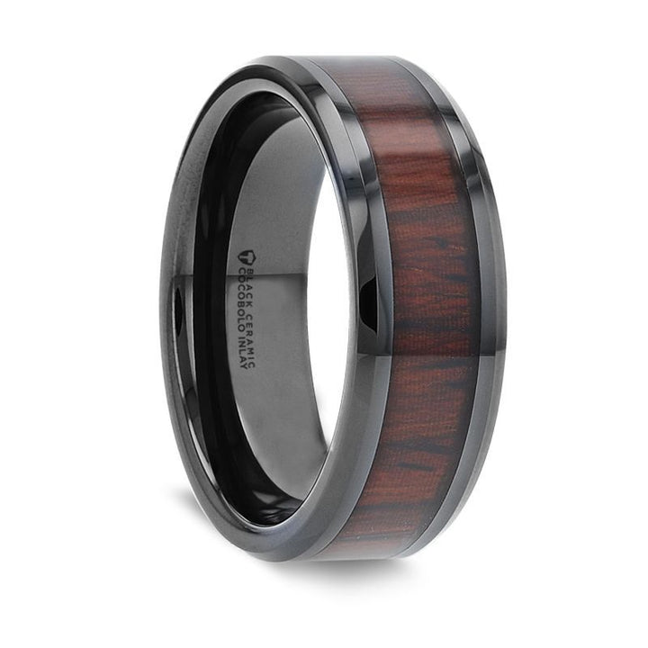 KAI | Black Ceramic Ring, Cocobolo Wood Inlay, Beveled - Rings - Aydins Jewelry - 1