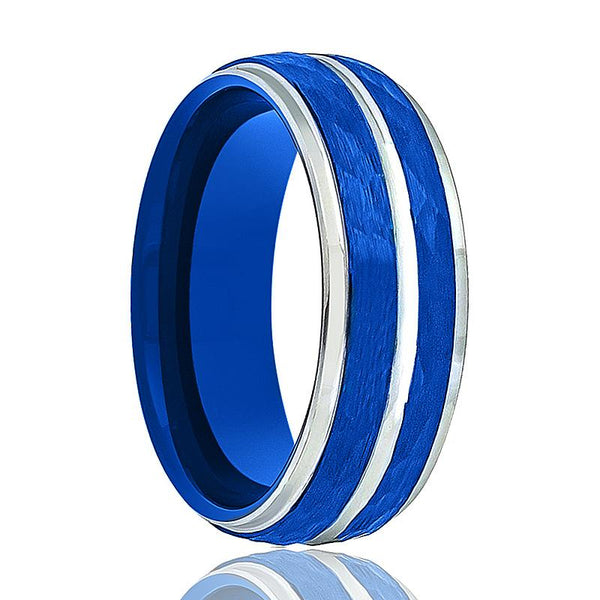 KAMIKAZE | Blue Tungsten Ring, Silver Groove, Domed - Rings - Aydins Jewelry - 1