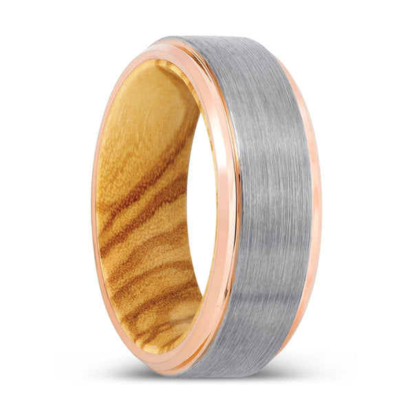 KANGITEN | Olive Wood, Silver Tungsten Ring, Brushed, Rose Gold Stepped Edge - Rings - Aydins Jewelry - 1