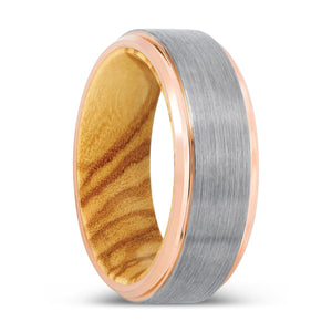 KANGITEN | Olive Wood, Silver Tungsten Ring, Brushed, Rose Gold Stepped Edge - Rings - Aydins Jewelry - 1