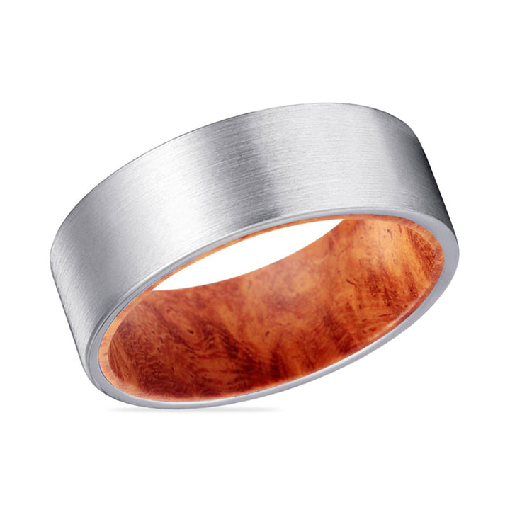 KAPILA | Red Burl Wood, Silver Tungsten Ring, Brushed, Flat - Rings - Aydins Jewelry