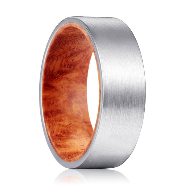 KAPILA | Red Burl Wood, Silver Tungsten Ring, Brushed, Flat - Rings - Aydins Jewelry - 1