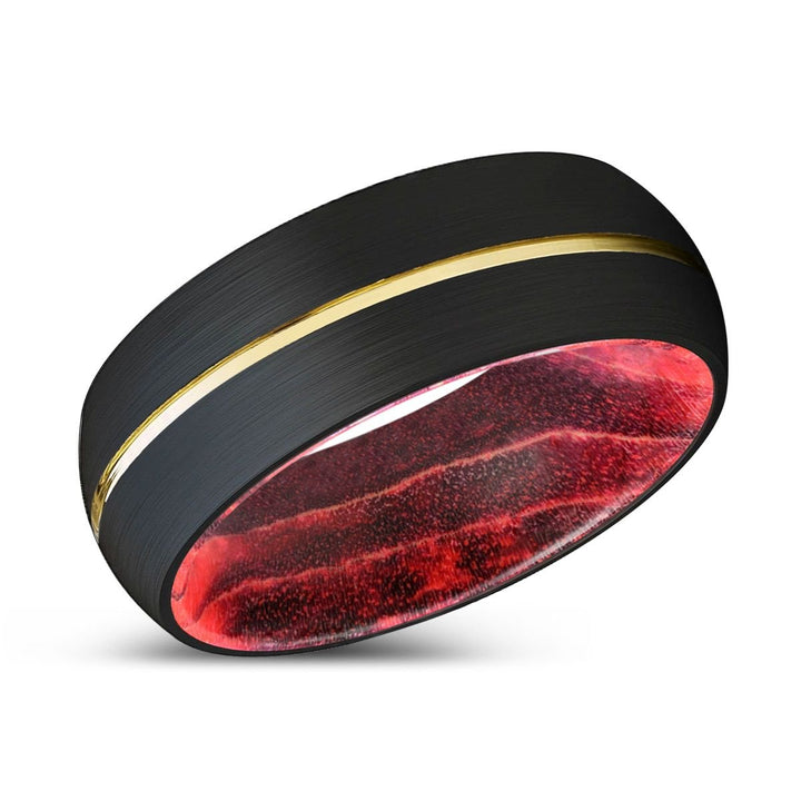 KATANA | Black & Red Wood, Black Tungsten Ring, Gold Groove, Domed - Rings - Aydins Jewelry - 2
