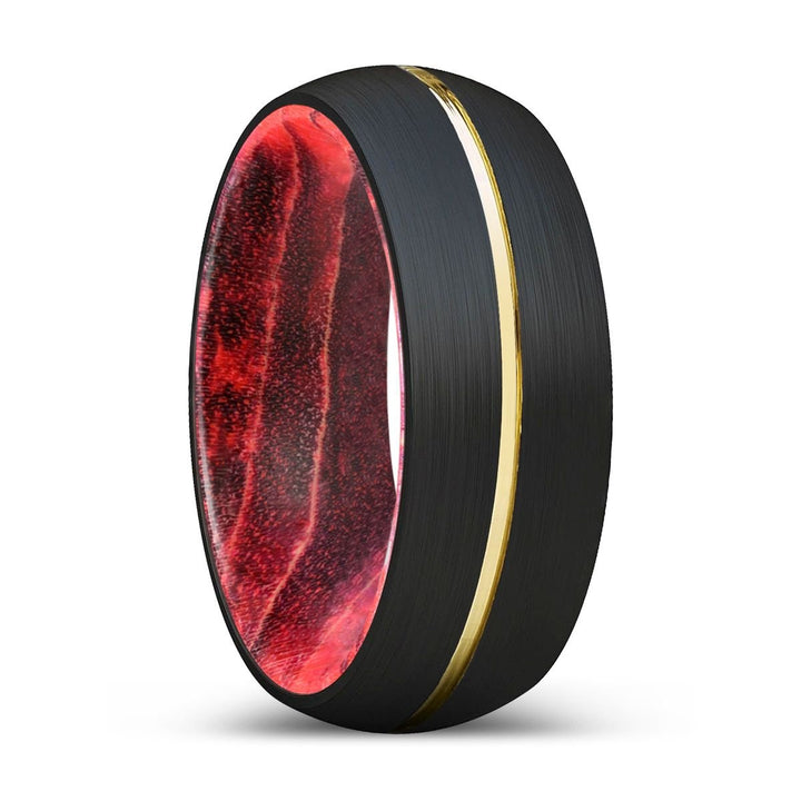 KATANA | Black & Red Wood, Black Tungsten Ring, Gold Groove, Domed - Rings - Aydins Jewelry - 1