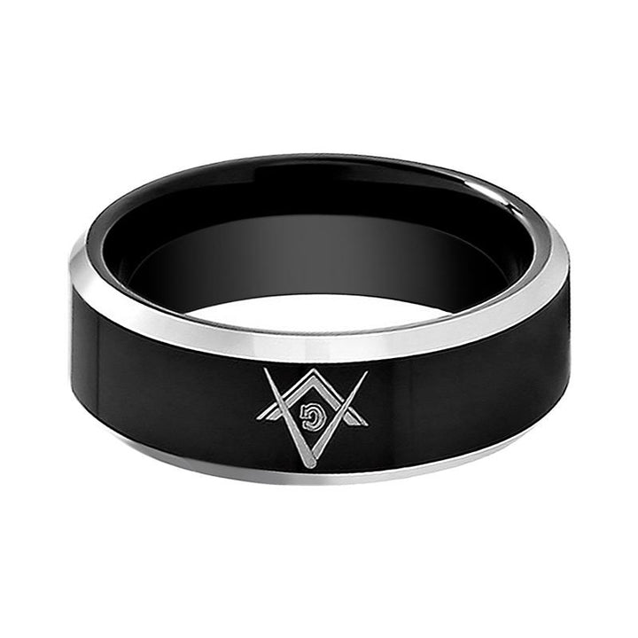 KATANA | Black Tungsten Ring, Mason Symbol, Silver Beveled Edge - Rings - Aydins Jewelry - 2