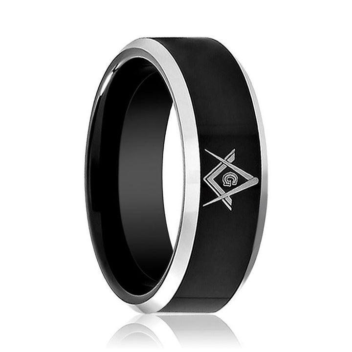 KATANA | Black Tungsten Ring, Mason Symbol, Silver Beveled Edge
