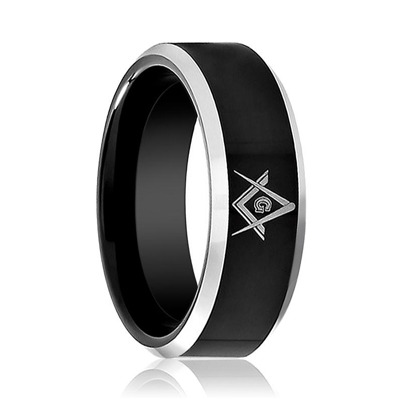 KATANA | Black Tungsten Ring, Mason Symbol, Silver Beveled Edge - Rings - Aydins Jewelry - 1