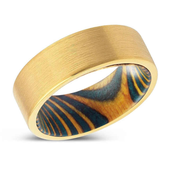 KATOKA | Green & Yellow Wood, Gold Tungsten Ring, Brushed, Flat - Rings - Aydins Jewelry - 2