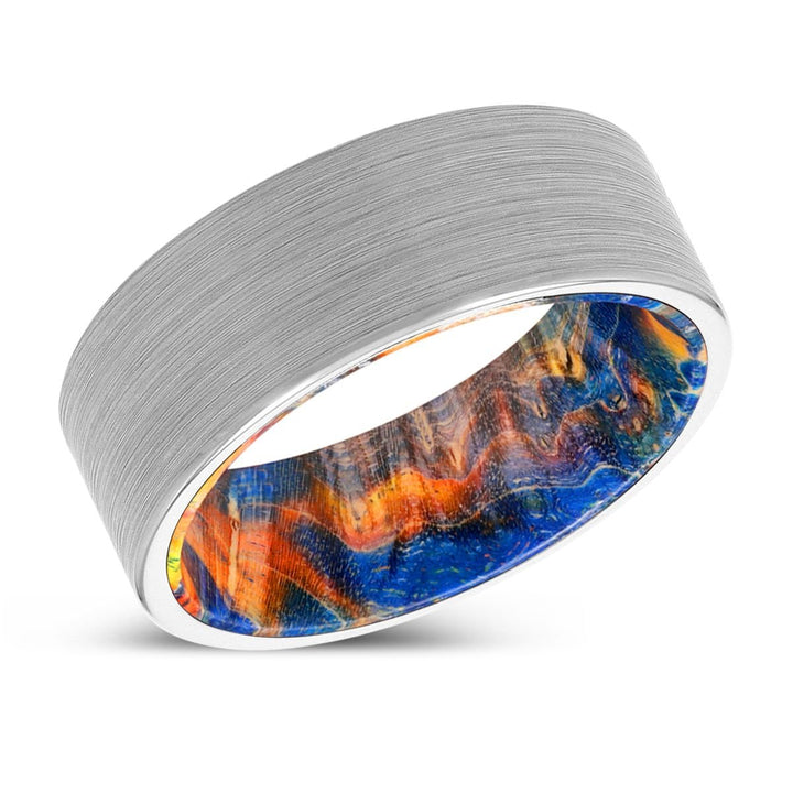 KAYLAN | Blue & Yellow/Orange Wood, White Tungsten Ring, Brushed, Flat - Rings - Aydins Jewelry - 2
