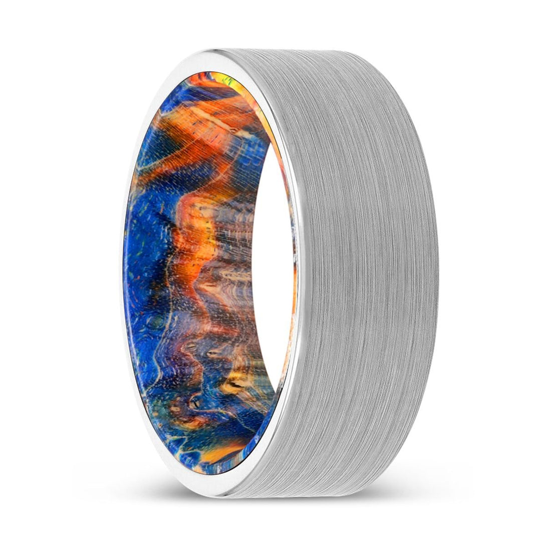 KAYLAN | Blue & Yellow/Orange Wood, White Tungsten Ring, Brushed, Flat - Rings - Aydins Jewelry - 1