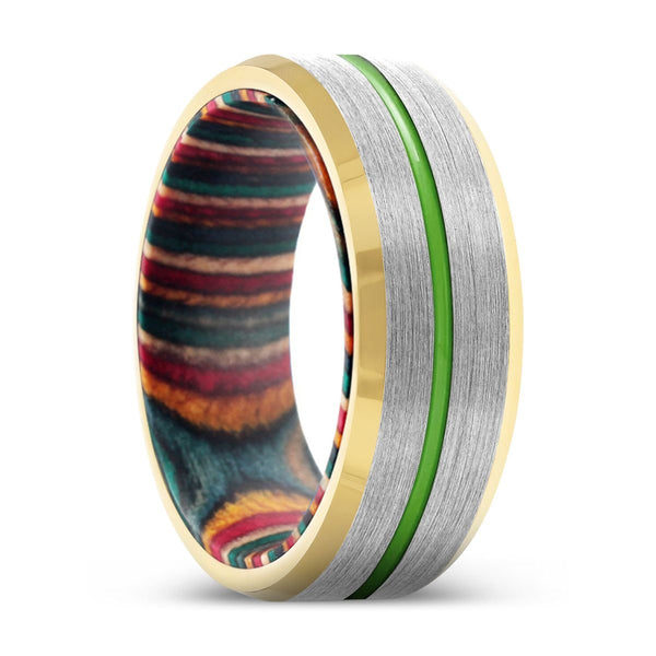 KAZAM | Multi Color Box Wood, Silver Tungsten Ring, Green Groove, Gold Beveled Edge - Rings - Aydins Jewelry - 1