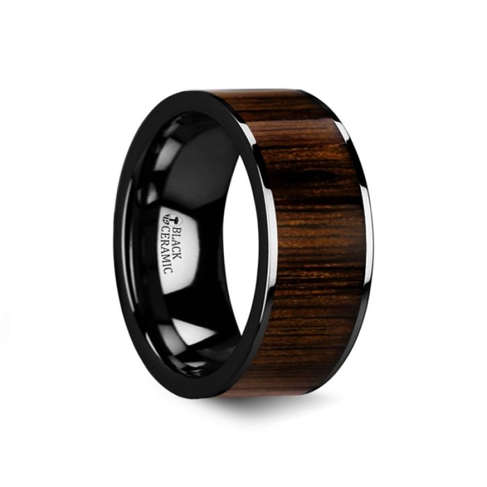 KENDO | Black Ceramic Ring, Black Walnut Wood Inlay, Flat - Rings - Aydins Jewelry - 5