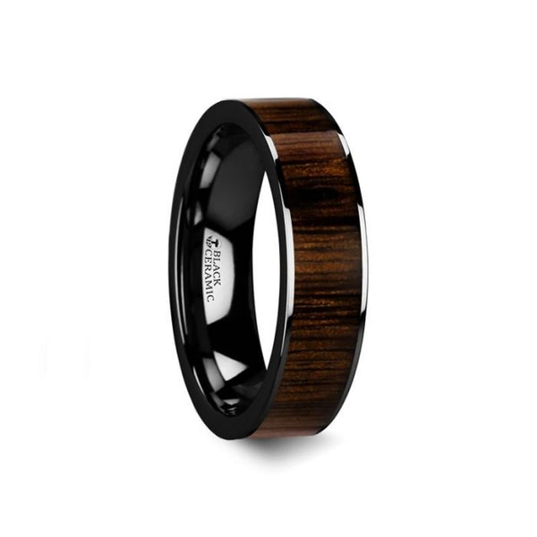 KENDO | Black Ceramic Ring, Black Walnut Wood Inlay, Flat - Rings - Aydins Jewelry - 1