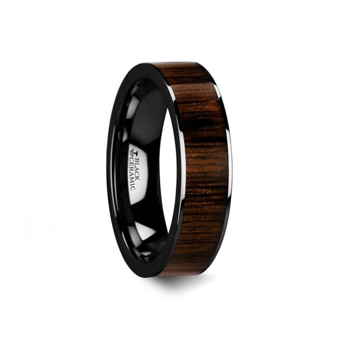 KENDO | Black Ceramic Ring, Black Walnut Wood Inlay, Flat - Rings - Aydins Jewelry - 1