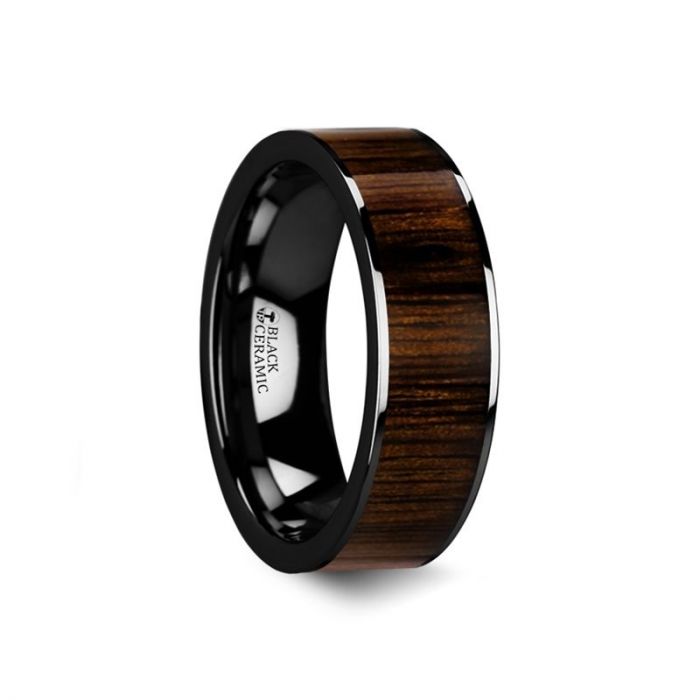 KENDO | Black Ceramic Ring, Black Walnut Wood Inlay, Flat - Rings - Aydins Jewelry - 3