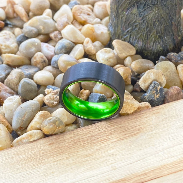 KERMIT | Green Ring, Black Flat Brushed Tungsten Ring - Rings - Aydins Jewelry - 3