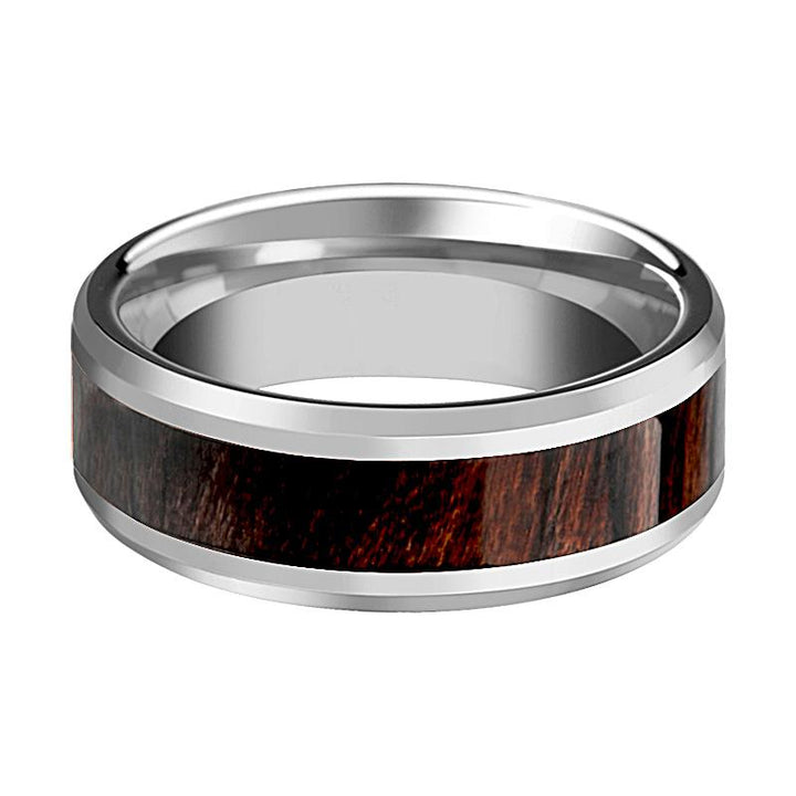KEVAZ | Silver Tungsten Ring, Bubinga Wood Inlay, Beveled - Rings - Aydins Jewelry - 2