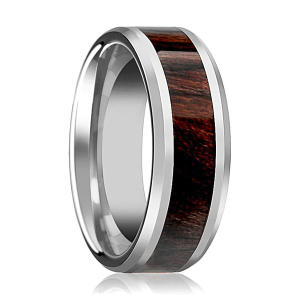 KEVAZ | Silver Tungsten Ring, Bubinga Wood Inlay, Beveled - Rings - Aydins Jewelry - 1