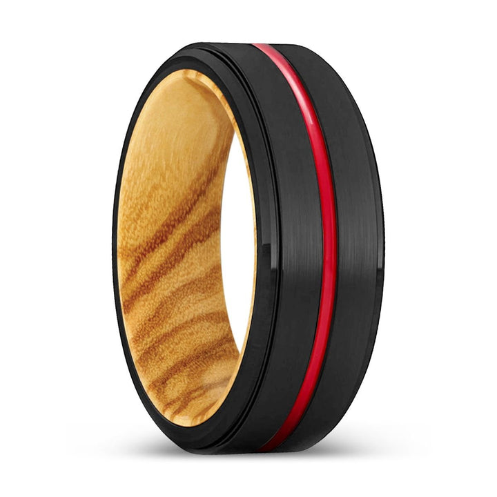 KINGHT | Olive Wood, Black Tungsten Ring, Red Groove, Stepped Edge - Rings - Aydins Jewelry - 1