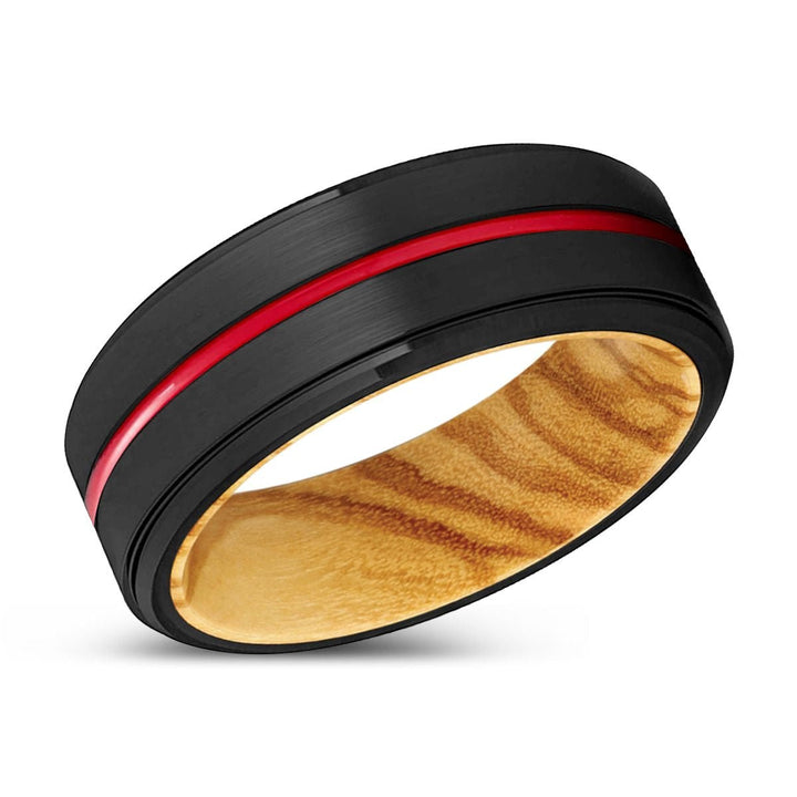 KINGHT | Olive Wood, Black Tungsten Ring, Red Groove, Stepped Edge - Rings - Aydins Jewelry - 2