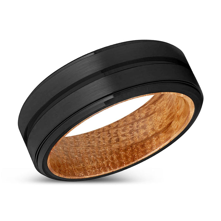 KINGSLEY | Whiskey Barrel Wood, Black Tungsten Ring, Grooved, Stepped Edge - Rings - Aydins Jewelry - 2