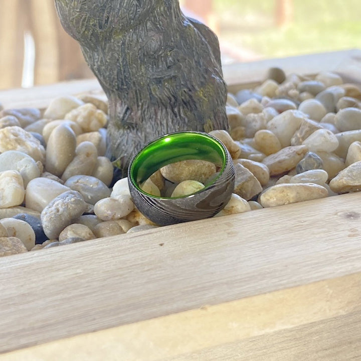 KIWI | Green Ring, Gunmetal Damascus Steel Ring, Domed - Rings - Aydins Jewelry - 5