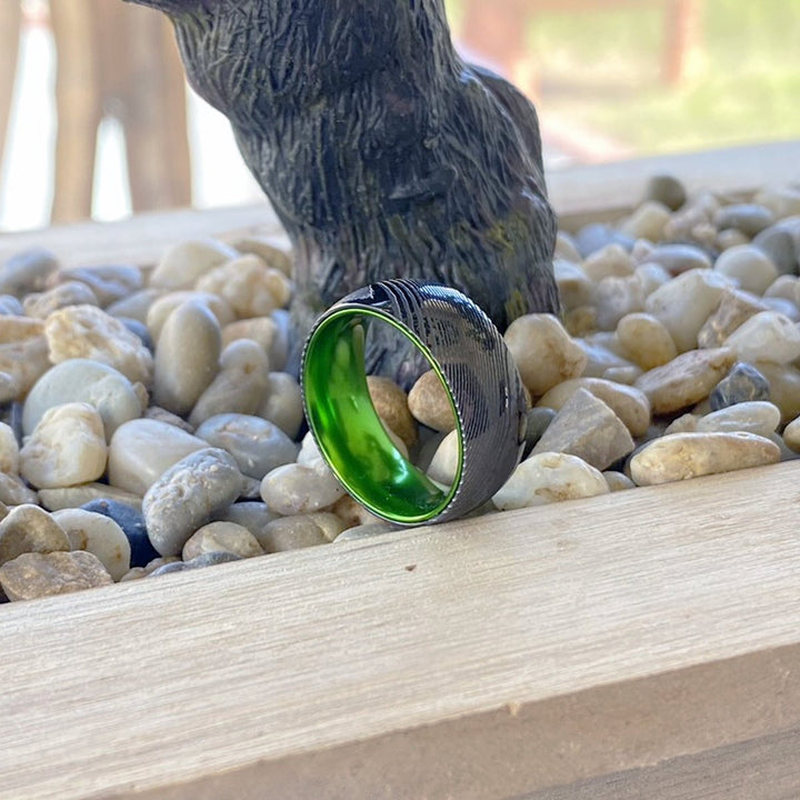 KIWI | Green Ring, Gunmetal Damascus Steel Ring, Domed - Rings - Aydins Jewelry - 6