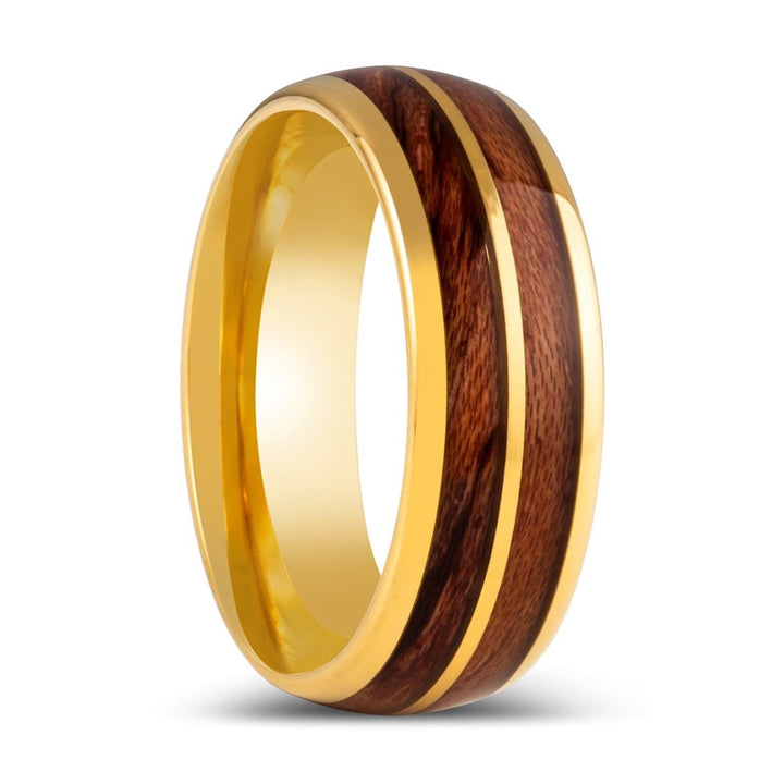 KOAFLARE | Gold Tungsten Ring, Split Koa Wood Inlay, Domed - Rings - Aydins Jewelry - 1