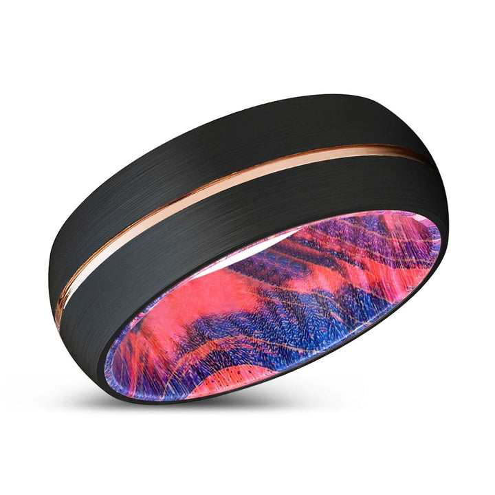 KODITE | Blue & Red Wood, Black Tungsten Ring, Rose Gold Groove, Domed - Rings - Aydins Jewelry - 2