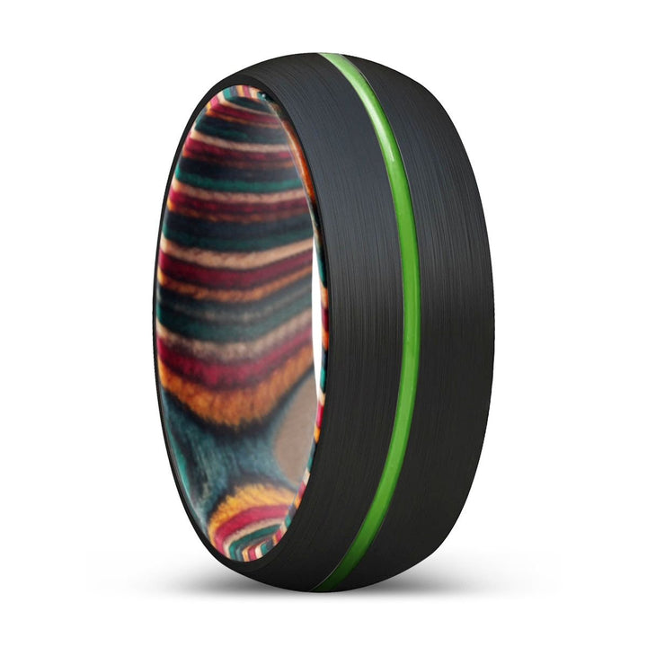 KOMODO | Multi Color Wood, Black Tungsten Ring, Green Groove, Domed - Rings - Aydins Jewelry - 1